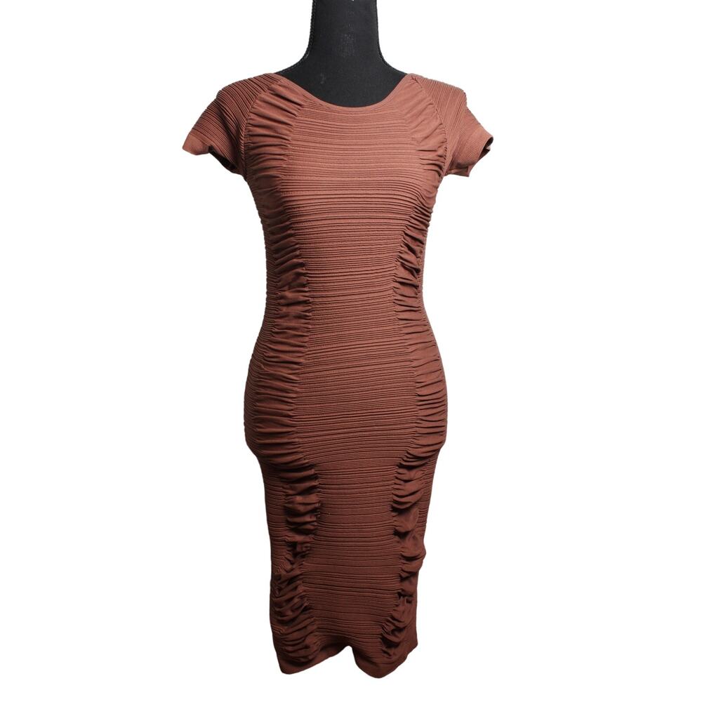 Aura Womans Brown Nylon & Spandex Ruched Fitted Dress Size L/XL Keyhole Back